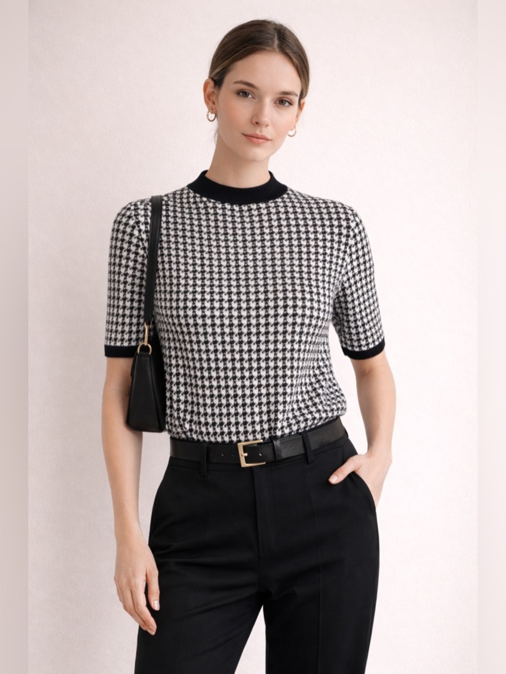 Talbots Houndstooth Knit Top Mock Neck Black White Chic Size M